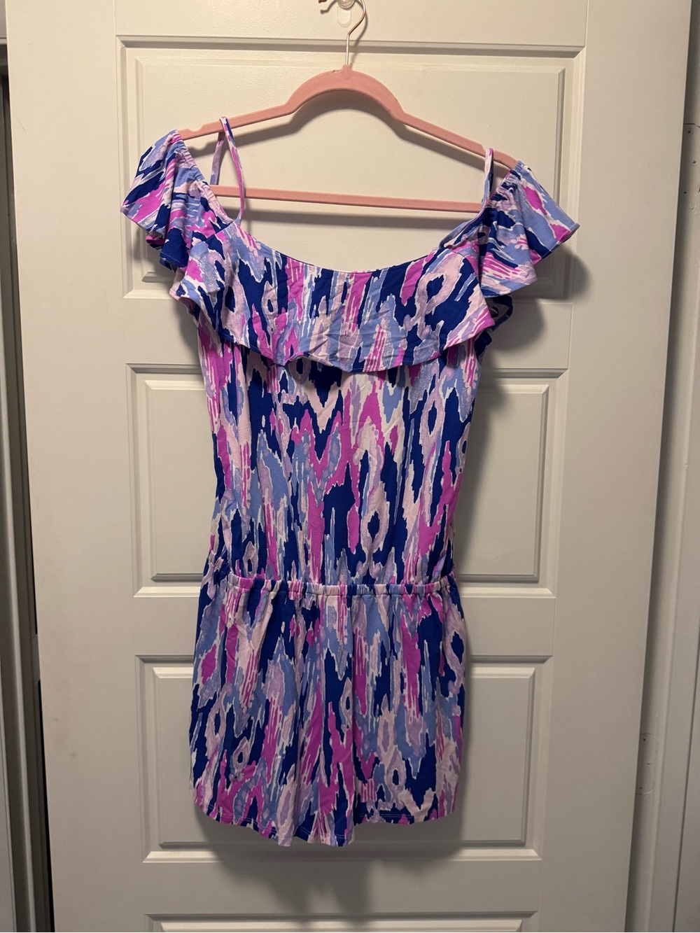 Lilly Pulitzer Shoulder Ruffle Romper in Blue & Pink